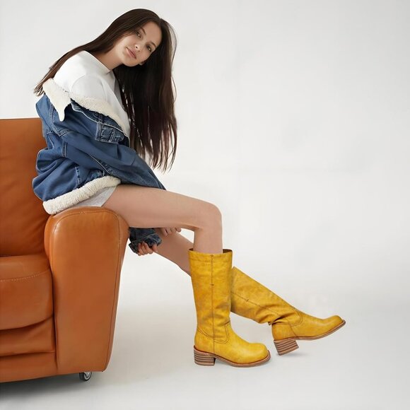 Women's Knee High Boots, Square Toe, Chunky Block Heel, Comfortable Low Heel - Picture 3 of 5